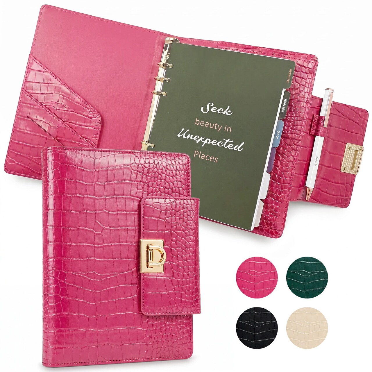 Wrapables A5 Croc-Embossed Planner and Journal Clutch, Refillable Undated Daily/Weekly Hardcover Premium Planner, Journal Notebook, Rose Pink